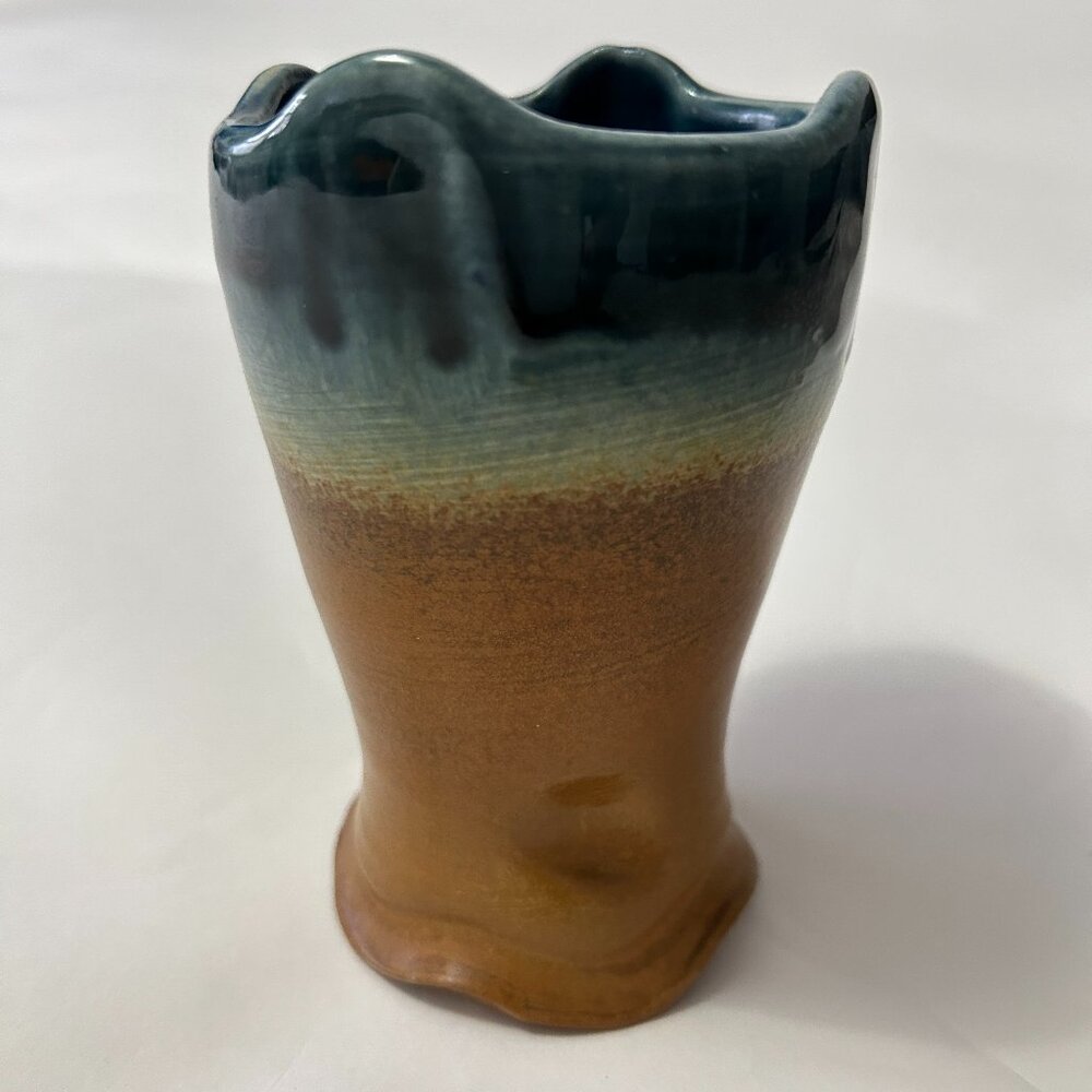 Vtg Studio Art Pottery Vase Hand Thrown Brown Blue Green Drip Glaze Thumb Signed